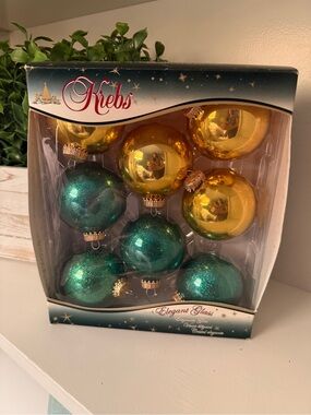 Krebs Elegant Glass Christmas Ornaments Gold/Green Set of 8 Boxed